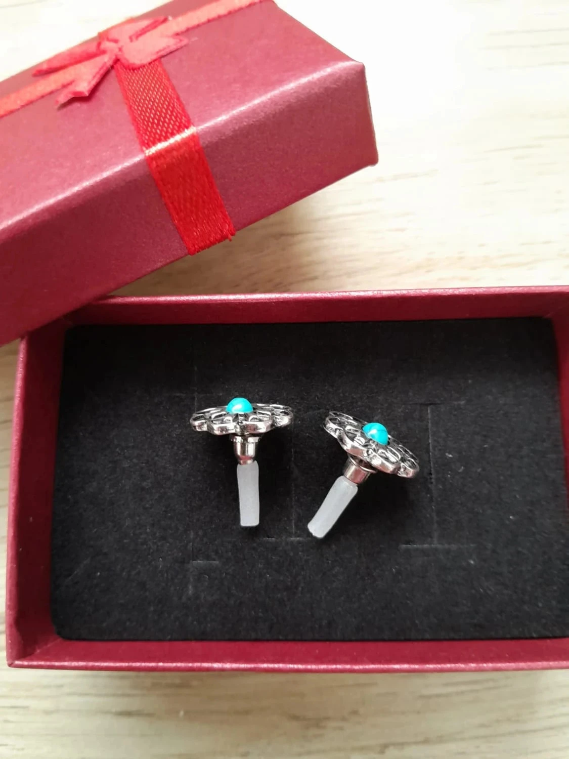 Oorbellen, bloemen, Boheemse stijl, zilverkleurig en turkooizen stenen – photo 4